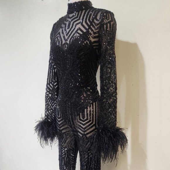 πA BOMBSHELL!π Ostrich Feather Trim Sequin Lace Bodycon Jumpsuit in Black - Picture 9 of 16